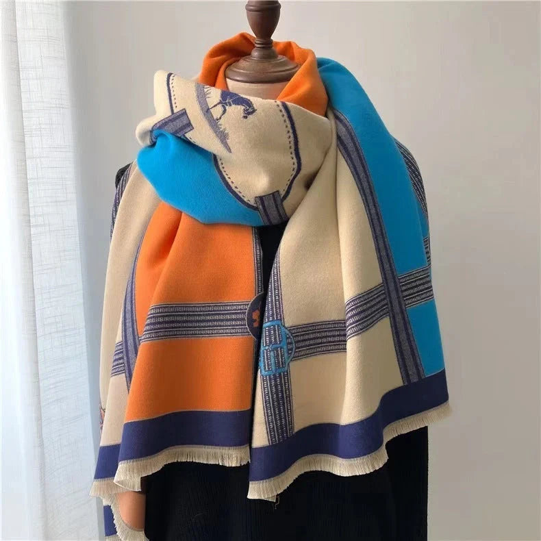 Stylish Korean contrast colour artificial cashmere scarf for women, perfect for winter warmth and fashion.