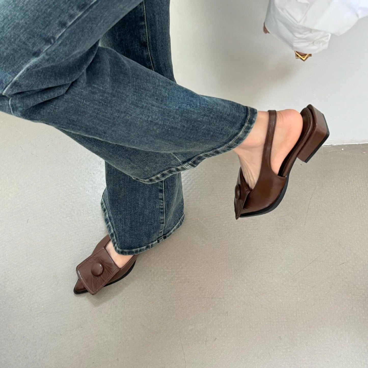 Women's pointed toe low heel sandals with back strap in apricot colour