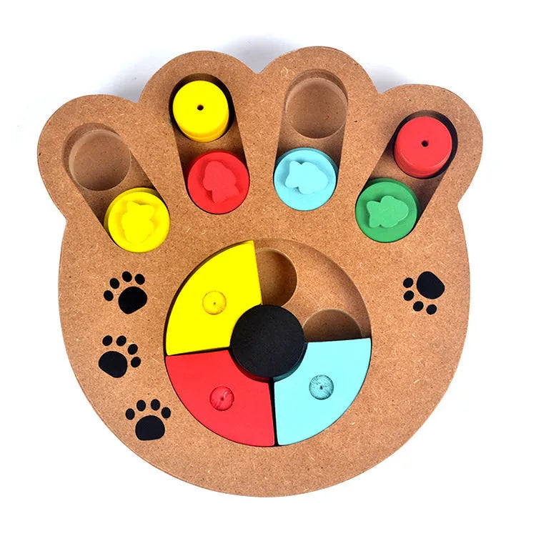 Wooden dog puzzle toy in bone type, paw print, and square styles for feeding and play