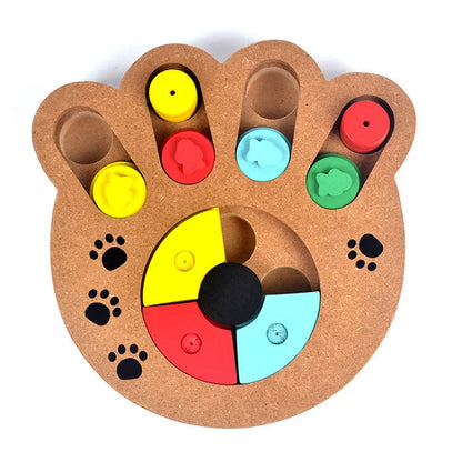 Wooden dog puzzle toy in bone type, paw print, and square styles for feeding and play