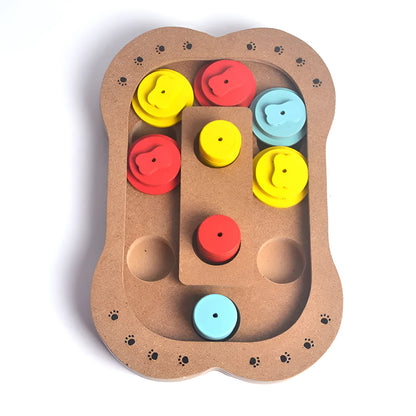 Wooden dog puzzle toy in bone type, paw print, and square styles for feeding and play