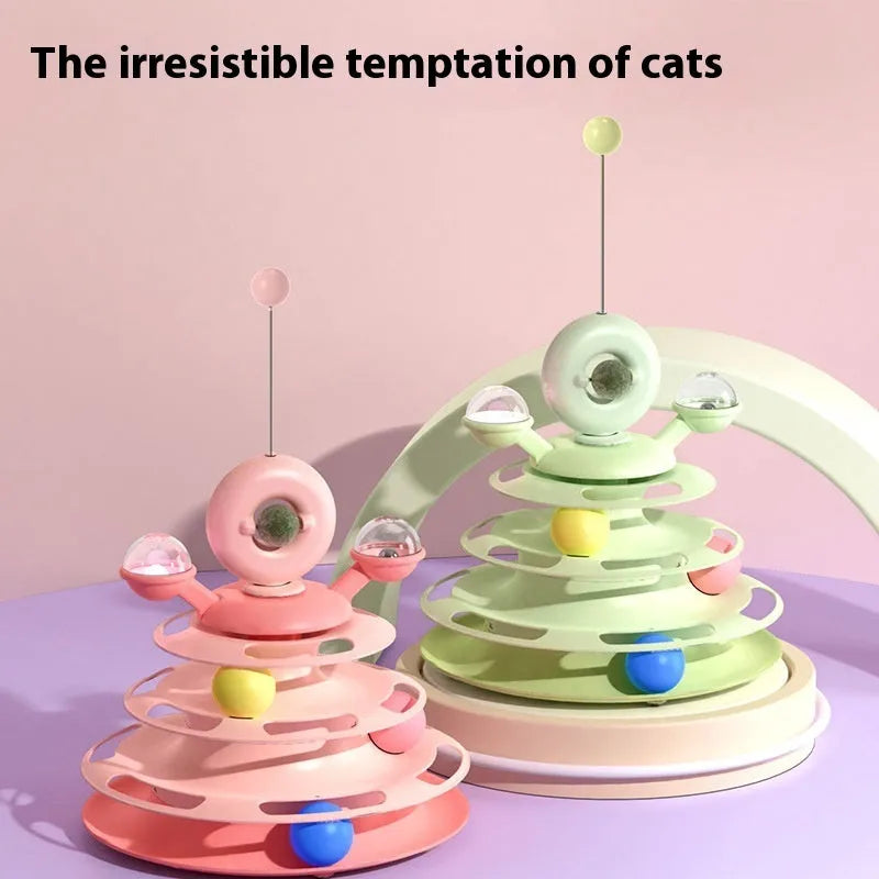 Four-level cat toy turntable tower with roller balls and 360-degree top ball in PP