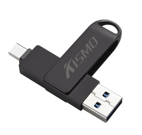 Metal dual-use USB flash drive for Apple and Android with USB 3.0, shown in Black, Gold, Pink, and Silver.