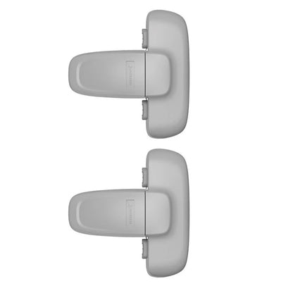 Refrigerator child safety lock in white and grey, featuring a T-type double button for adult one-handed operation