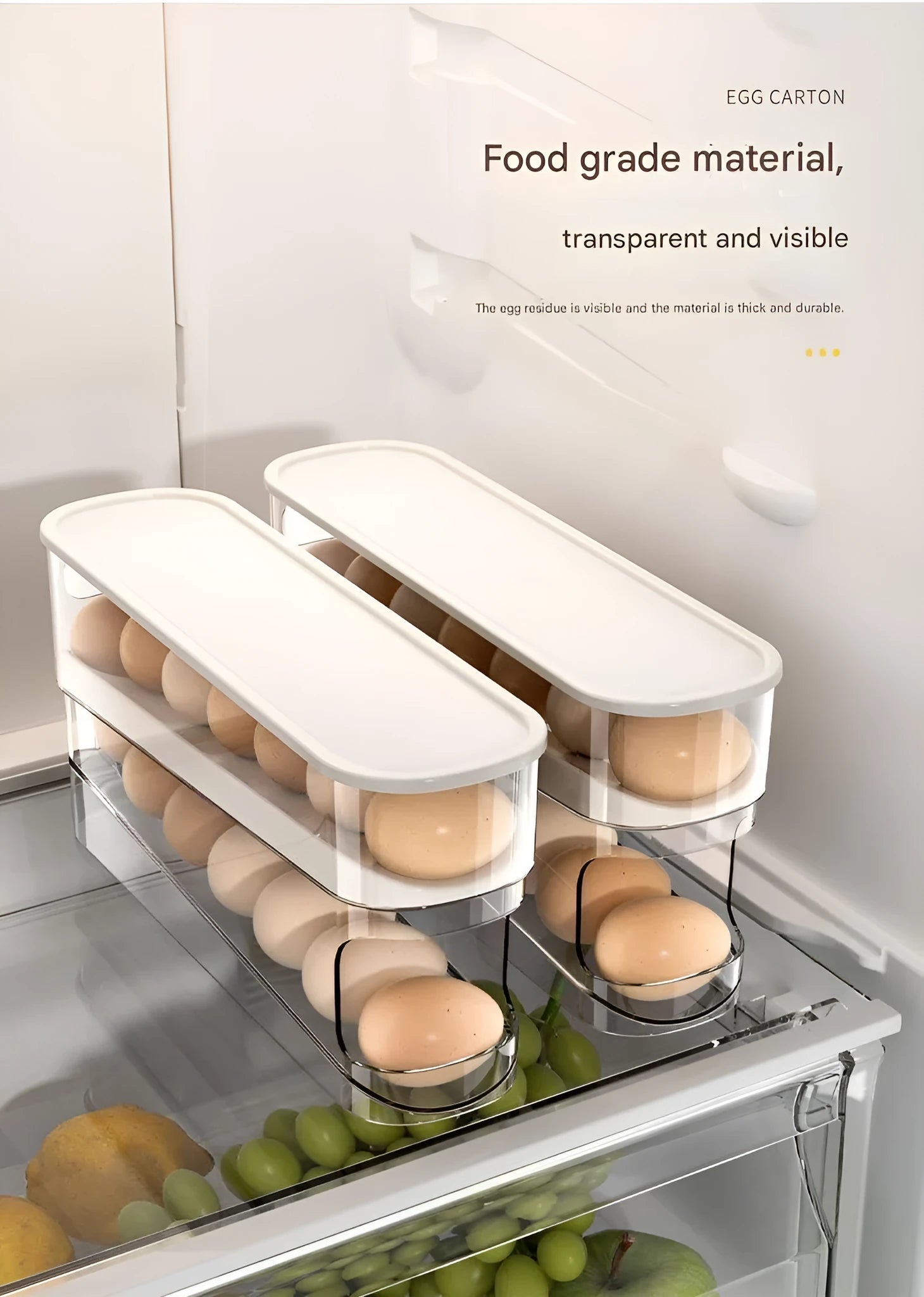 White plastic refrigerator slide-out egg dispenser tray mounted on refrigerator door