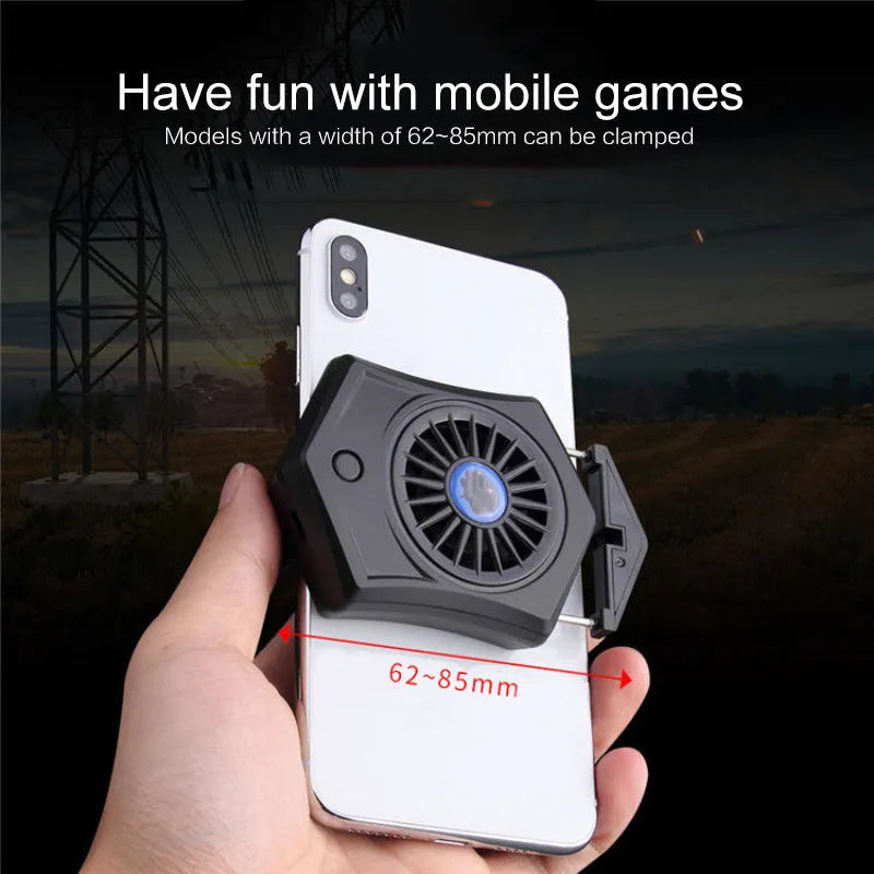 Black aluminium USB mobile phone cooler clipped onto a smartphone