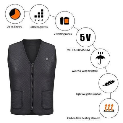 Outdoor heated vest for riding, skiing, and fishing activities with electric heating technology and durable construction