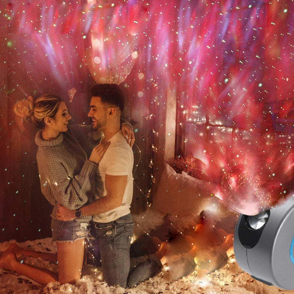 Enchanting starry sky projector with dynamic colour lighting, creating a mesmerising atmosphere in a bedroom or living space