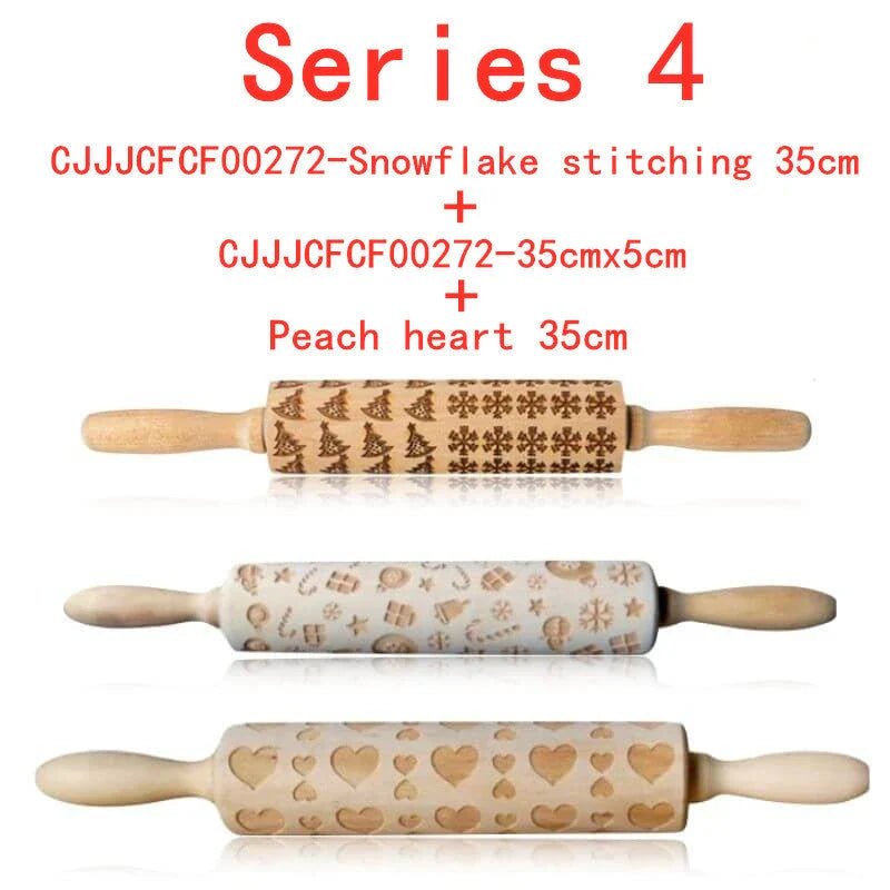 Festive rolling pin with embossed Christmas designs for easy imprinting on dough