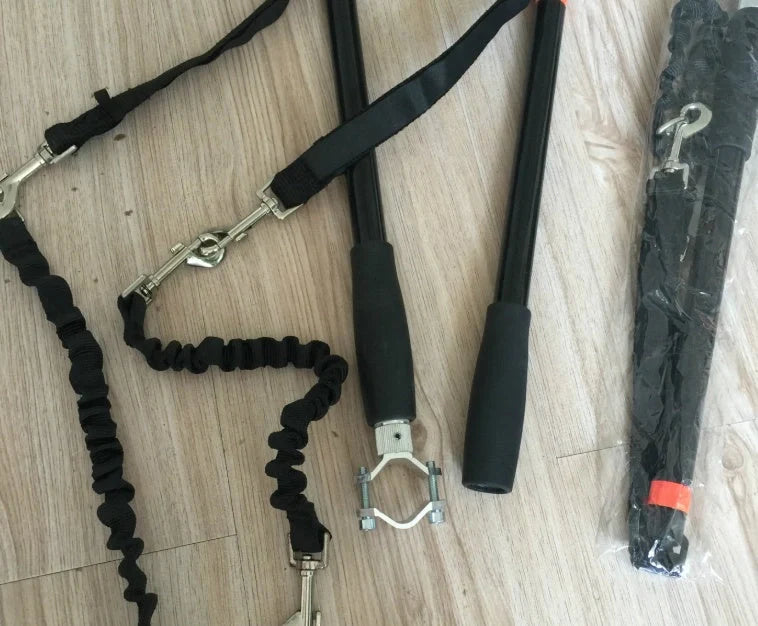 Bicycle walking dog leash with stainless steel rod and black rubber band polyester yarn belt