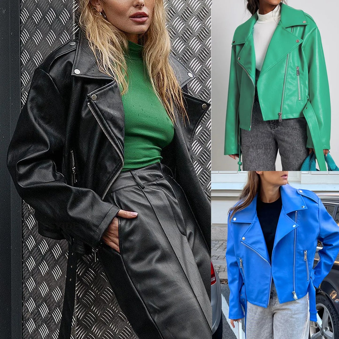 Punk style jacket with Peter Pan collar and drawstring waist in black, blue, or green colours