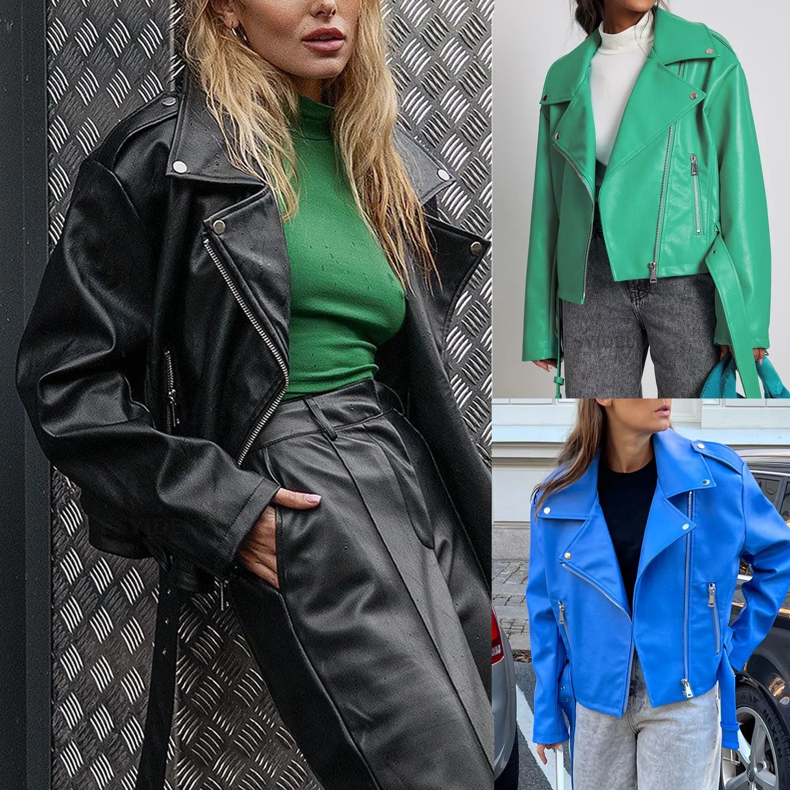 Punk style jacket with Peter Pan collar and drawstring waist in black, blue, or green colours