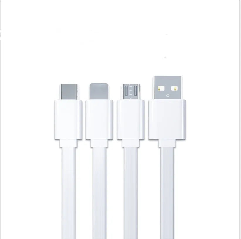 Three-in-one data cable, 1 m noodle style with one-to-three connectors, shown in black or white