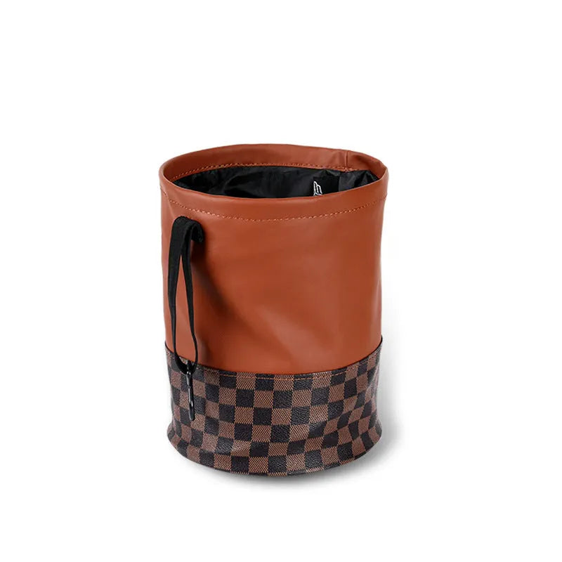 Retractable leather car trash can with handle shown in folded and expanded positions