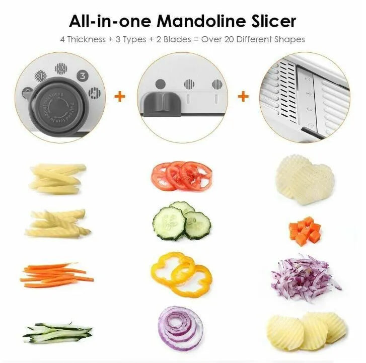 White kitchen vegetable slicer with stainless steel blades and adjustable thickness settings
