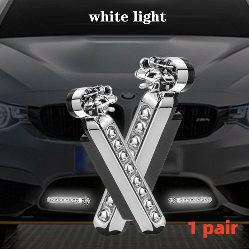 Wind-powered LED daytime running lights for cars and motorcycles in blue, white, and multicolour options