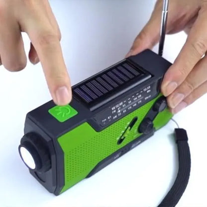 Pocket solar radio in green, red, white, or yellow with engineering plastic body, solar charging, and waterproof build.