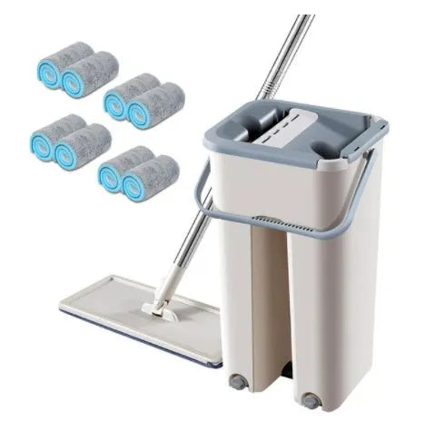 Blue flat floor mop with rotating head and microfiber pad beside plastic bucket for floor cleaning