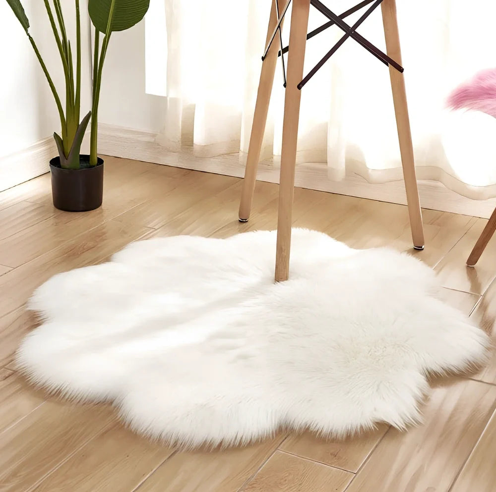 Artificial woolen carpet rug with floral sheepskin pattern in plush fabric, available in multiple sizes and colours