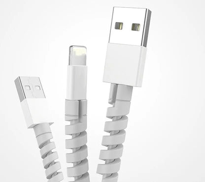Plastic charging cable protector sleeve shown in various colours including black, blue, pink and yellow.