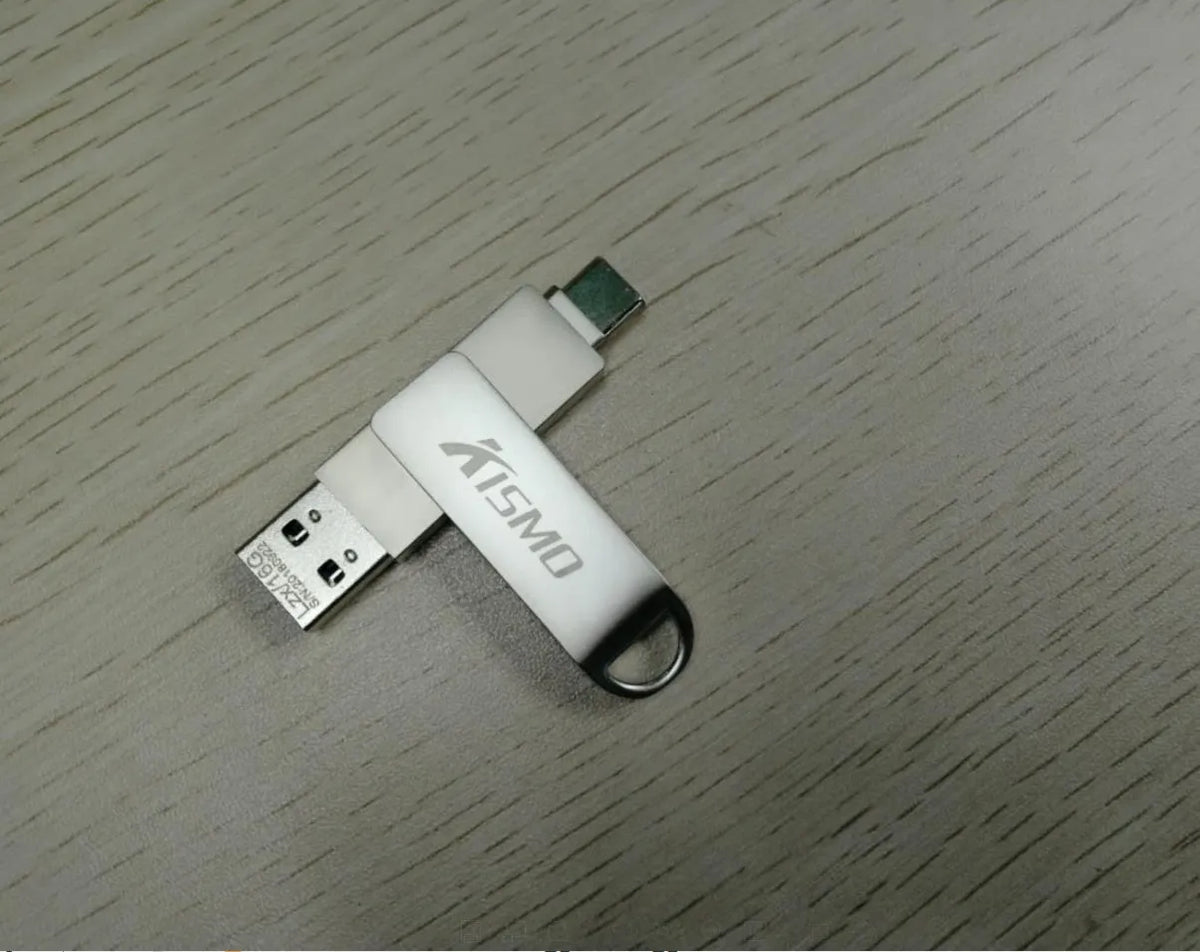 Metal dual-use USB flash drive for Apple and Android with USB 3.0, shown in Black, Gold, Pink, and Silver.