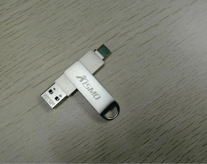 Metal dual-use USB flash drive for Apple and Android with USB 3.0, shown in Black, Gold, Pink, and Silver.