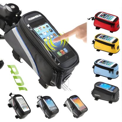 ROSWHEEL bicycle frame bag holder in black blue colour, showing iPhone compatibility and size options