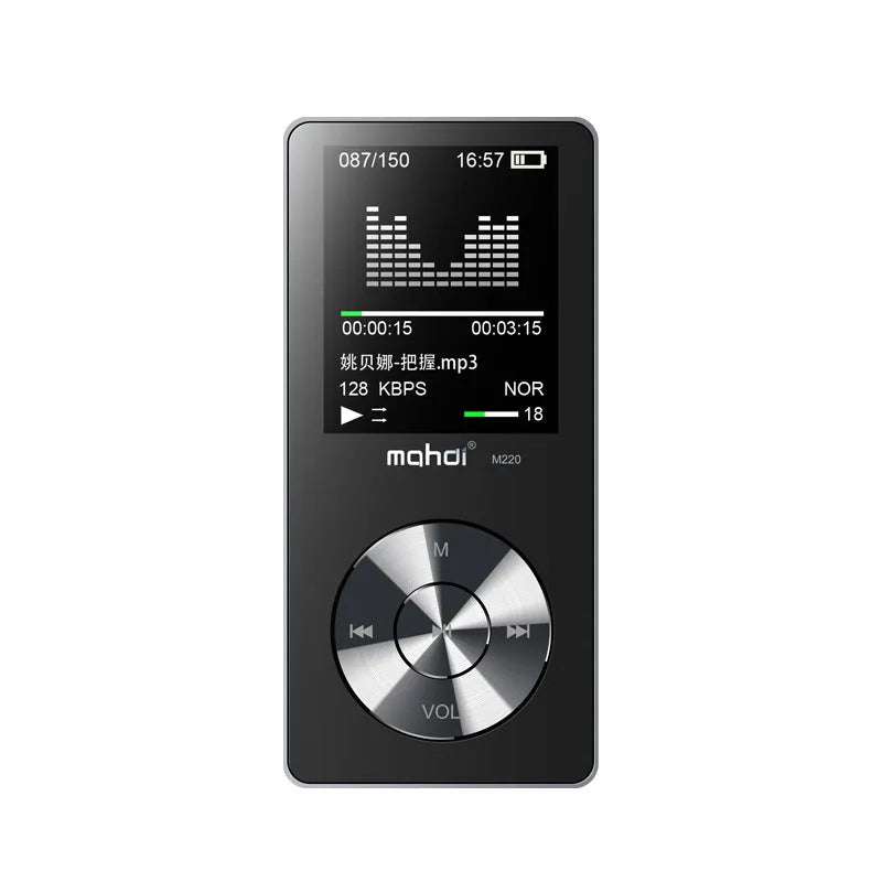 Compact gold metal MP3 player with a 1.8-inch screen showing music menu, placed on a table.