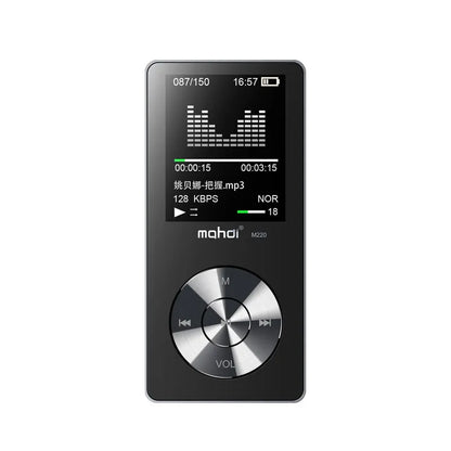Compact gold metal MP3 player with a 1.8-inch screen showing music menu, placed on a table.
