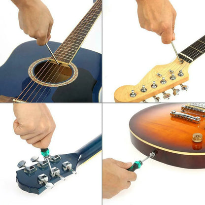 Black guitar repair kit case measuring 200x100x45mm containing metal and plastic tools for instrument maintenance