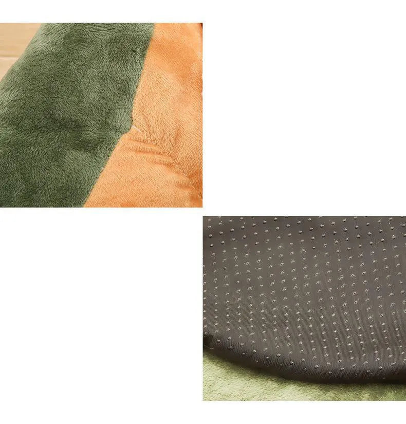 Cotton-filled cat bed house kennel in coffee or green colour showing three size options