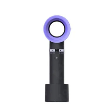 Portable bladeless fan with USB cable and base, showing compact design and bladeless airflow