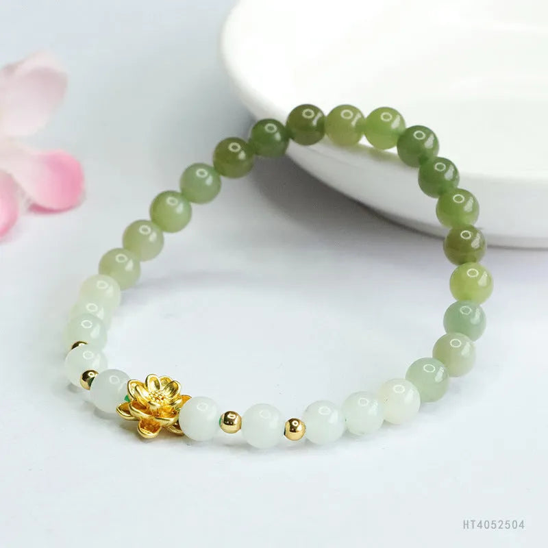 Hand-woven Hetian jade bracelet with sunshine water gradient colour and 6mm flower beads.