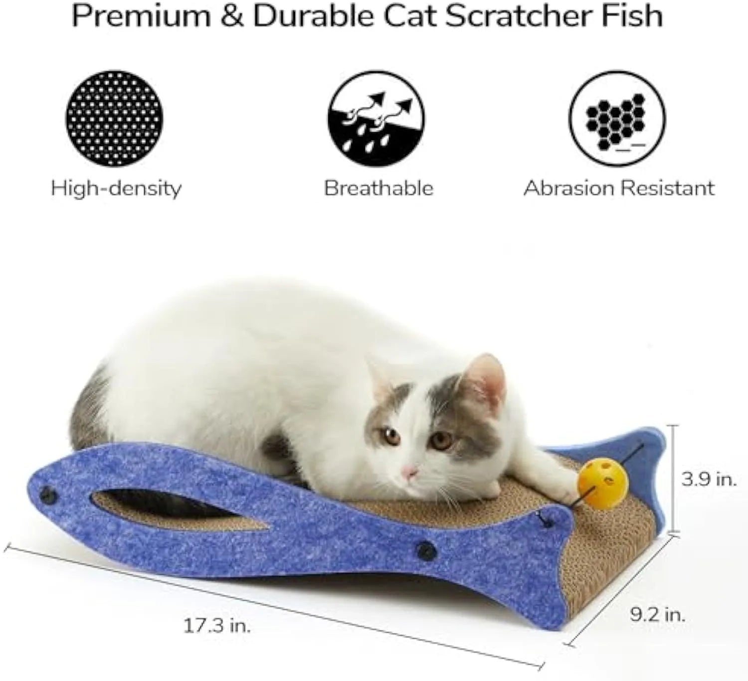 Blue fish-shaped cat scratcher with bell toys on elastic cord, dimensions 46cm by 25cm by 10cm