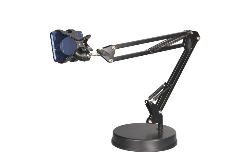 Universal Metal Desktop Phone Tablet Stand with 360-Degree Rotating Arm and Heavy Base for iPad Mini Air iPhone Huawei Mobile Devices Bedside or Office Use Black White Colour Options