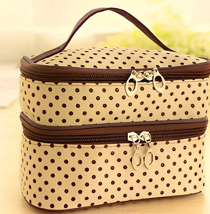 Double-layer cosmetic bag with multicoloured dots measuring 20.5cm length