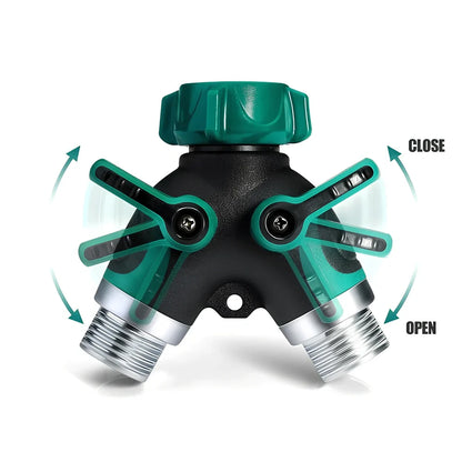 Green plastic Y-shaped water splitter with zinc alloy outlets and copper inlet measuring 94mm
