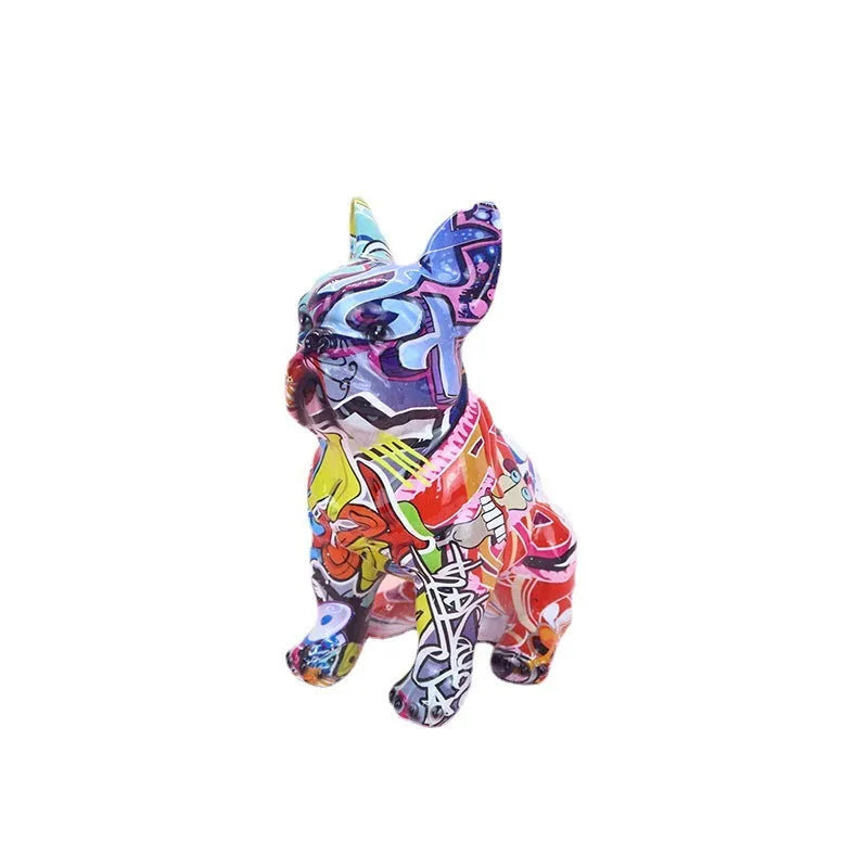 Colourful graffiti-style French bulldog resin statue on a white background
