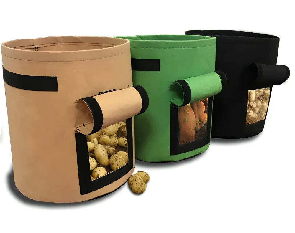 Black non-woven plant growth bag with side window and handles for potato gardening, breathable fabric, large size shown
