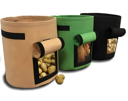 Black non-woven plant growth bag with side window and handles for potato gardening, breathable fabric, large size shown