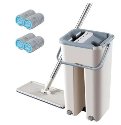 Blue flat floor mop with rotating head and microfiber pad beside plastic bucket for floor cleaning