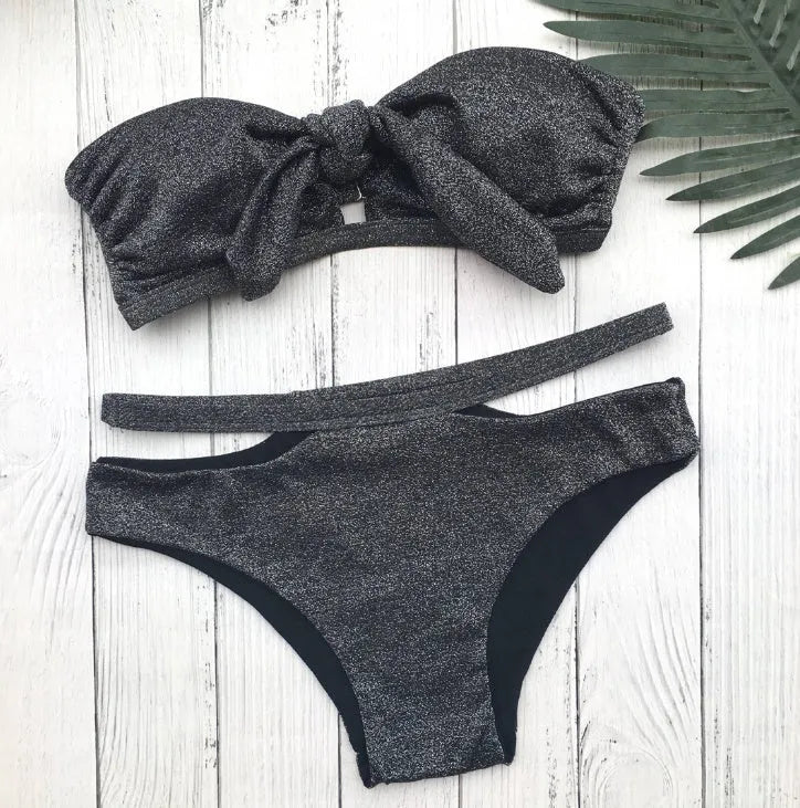 Black sequin knit bikini swimsuit with chest pad and no steel support, sizes S M L