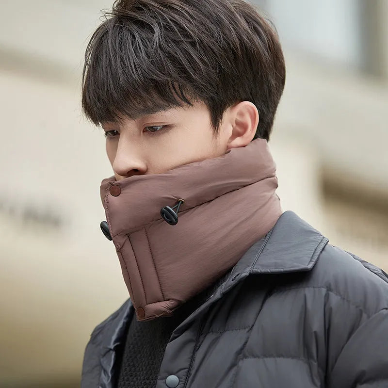 Winter riding scarf in down cotton with windproof neck protection, pullover cloak style, available in seven colours