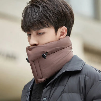 Winter riding scarf in down cotton with windproof neck protection, pullover cloak style, available in seven colours