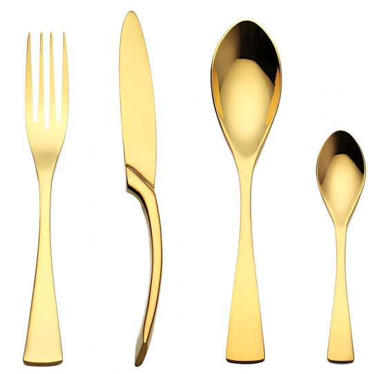 Black stainless steel cutlery set with mirror polish finish showing fork, knife, coffee spoon, soup spoon, steak knife