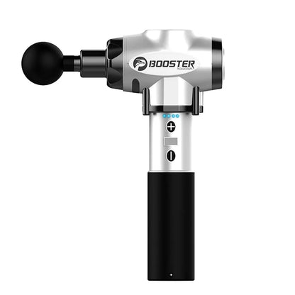 Black and white handheld percussion massage gun on a grey background, showing ergonomic grip.