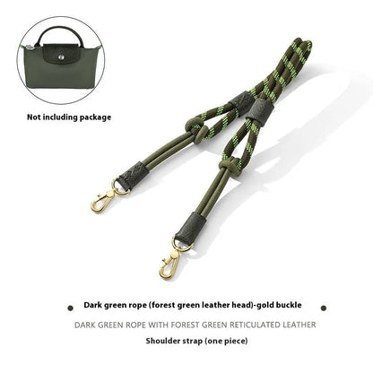 Braided rope and leather shoulder strap with a metal buckle in gold or silver finish