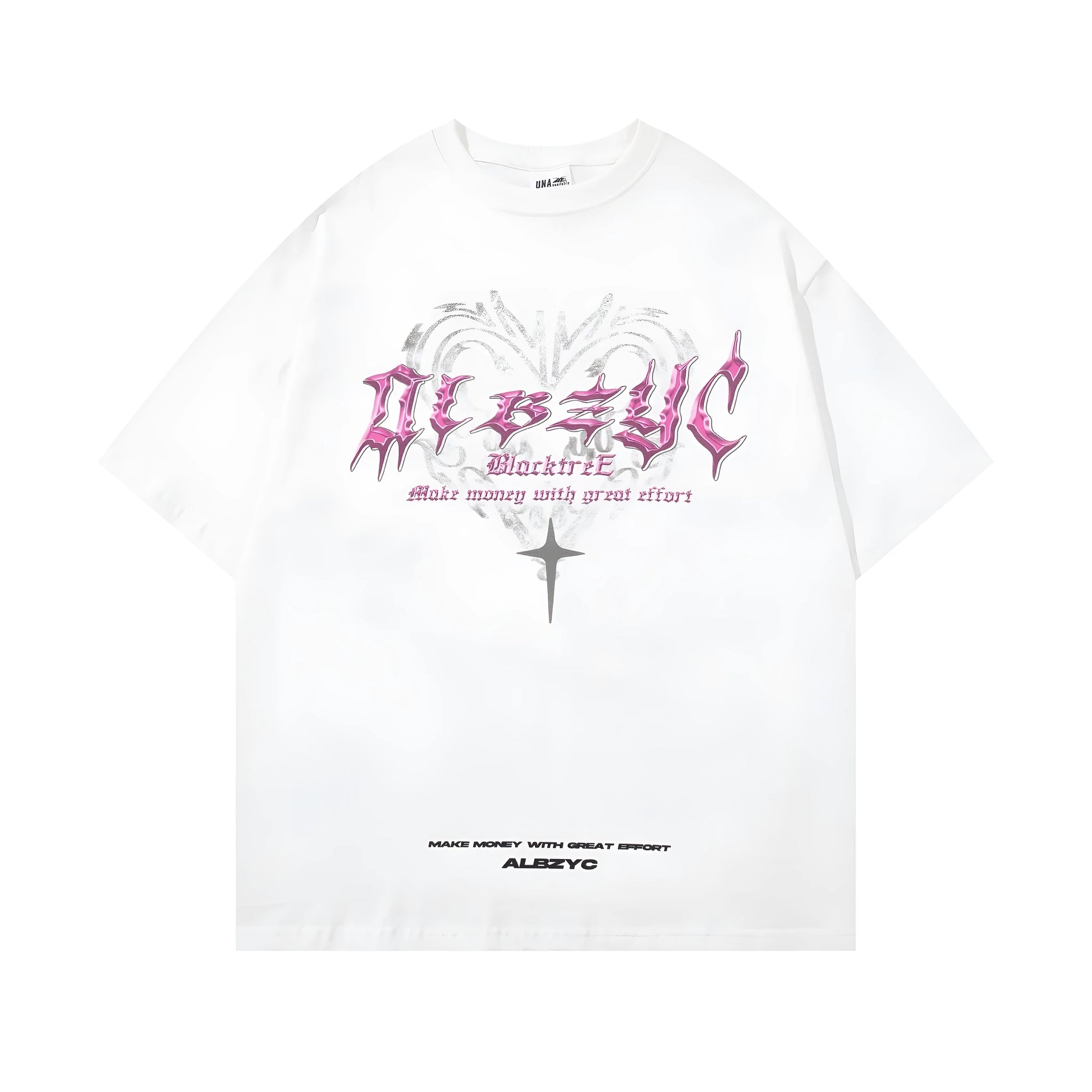 Men's loose fit black cotton t-shirt with a fashion print, short sleeves, and round neck.