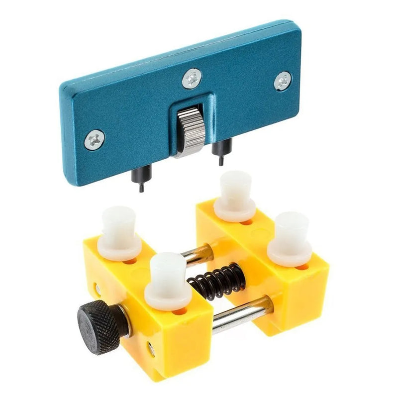 Watch repair case opener tool with plastic yellow fixing base and watch back cover removal tool for battery replacement, portable 40x40x45mm size ideal for watch lovers and DIY repair enthusiasts, includes 1 opener and 1 base with 4 fixing pillars.