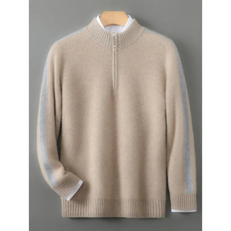 Sheep wool half-zip knitted sweater in slim fit, available in sizes S to XXL for leisure wear.